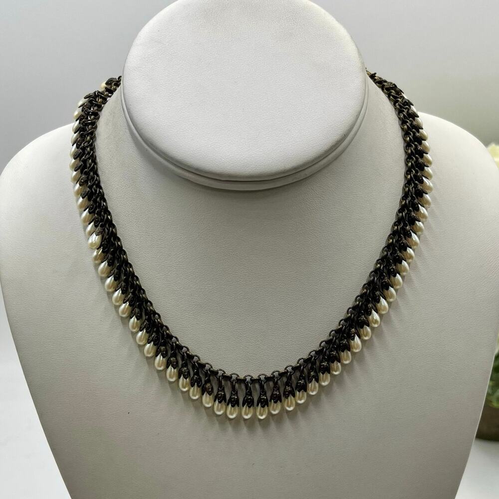 Kenny MA SF Designer Vintage‎ White Tear Drop Pearl Antiqued Color Necklace